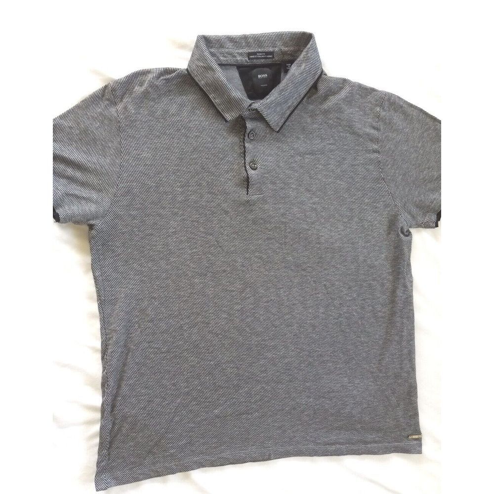 Boss Hugo Men's Large Slim Fit Short‎ Sleeve Polo Herringbone Style Gray Cotton